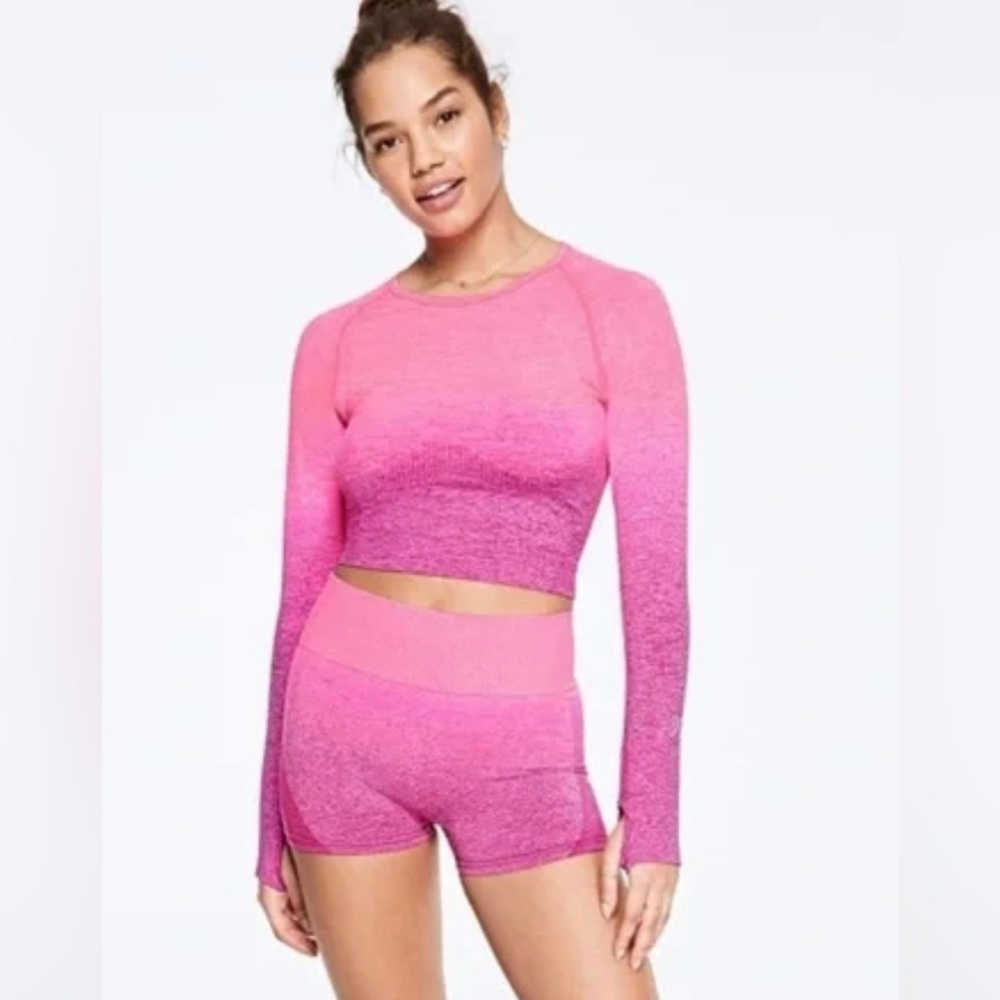 Victoria’s Secret PINK Seamless Long Sleeve Ombré Purple and Pink Work Out Top